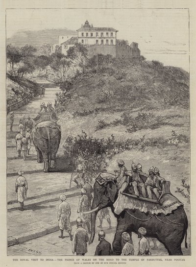 Het Koninklijk Bezoek aan India, de Prins van Wales op de Weg naar de Tempel van Parbuttee, nabij Poonah door Joseph Nash